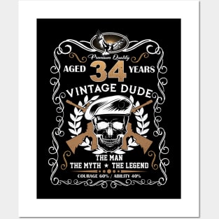 Skull Aged 34 Years Vintage 34 Dude Posters and Art